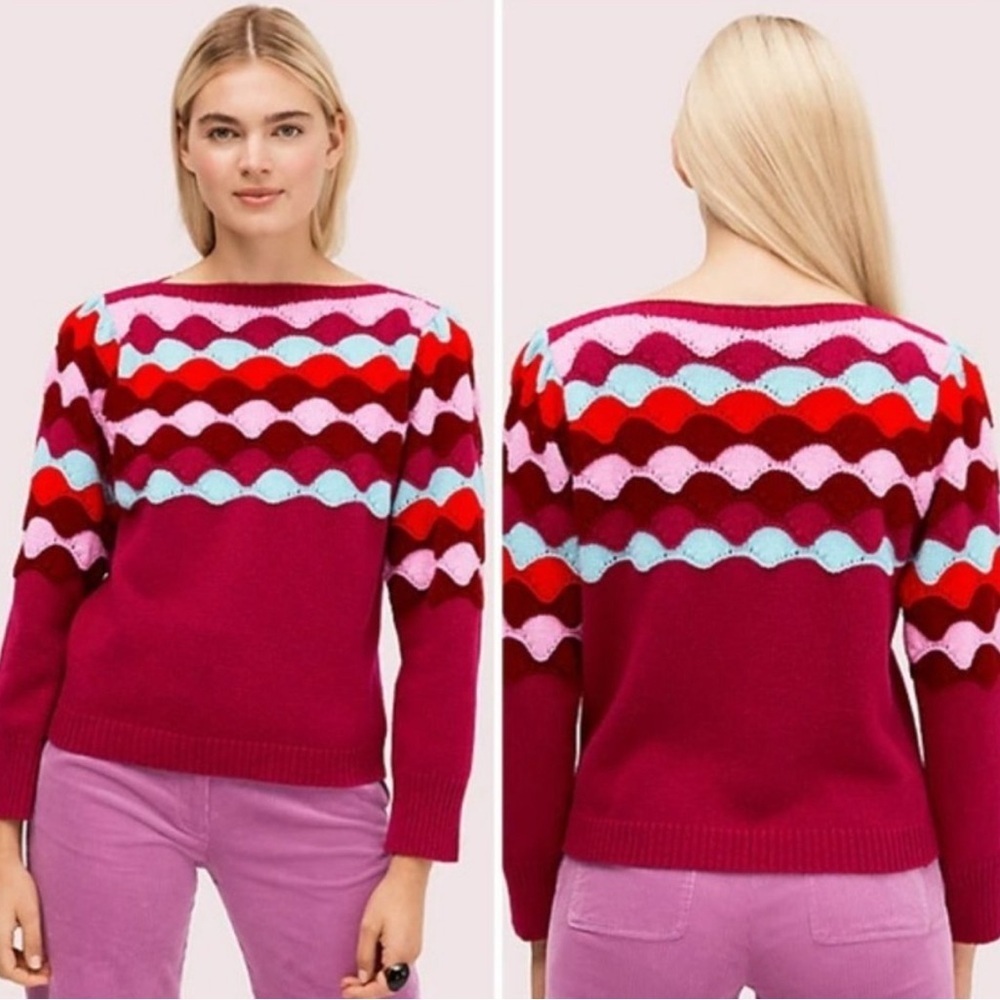 Kate Spade Scallop Intarsia Cashmere Wool Blend Sweater Womens size Small